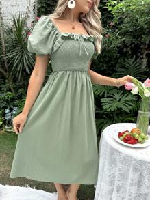 SHEIN Maternity 1pc Square Neck Ruffle Trim Knot Front Nursing Dress - Army Green - View 7