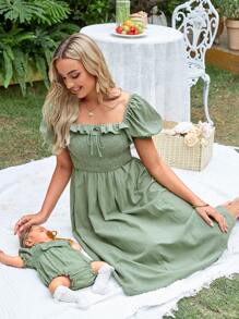 SHEIN Maternity 1pc Square Neck Ruffle Trim Knot Front Nursing Dress - Army Green - View 8