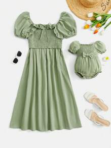 SHEIN Maternity 1pc Square Neck Ruffle Trim Knot Front Nursing Dress - Army Green - View 9