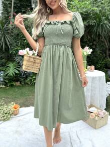 SHEIN Maternity 1pc Square Neck Ruffle Trim Knot Front Nursing Dress - Army Green - View 11