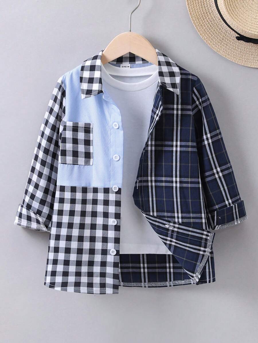 SHEIN Chàng trai trẻ In kẻ sọc Khối màu Áo sơ mi Without Tee - Nhiều màu - Xem 1