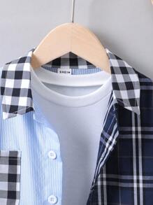 SHEIN Chàng trai trẻ In kẻ sọc Khối màu Áo sơ mi Without Tee - Nhiều màu - Xem 3