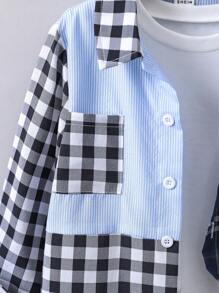 SHEIN Chàng trai trẻ In kẻ sọc Khối màu Áo sơ mi Without Tee - Nhiều màu - Xem 4