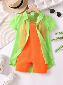 SHEIN Toddler Girls Solid Shirt & Cami Romper