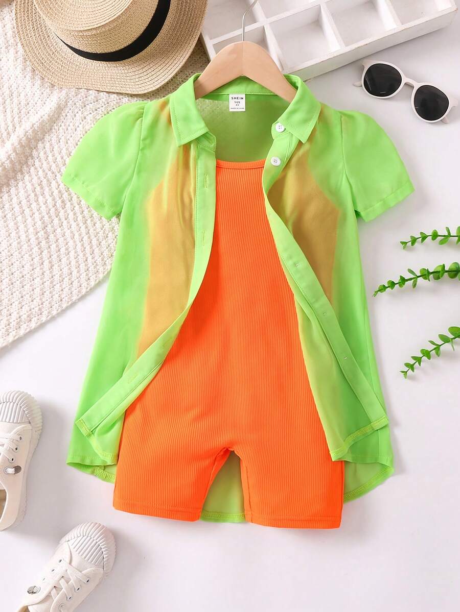 SHEIN Toddler Girls Solid Shirt & Cami Romper