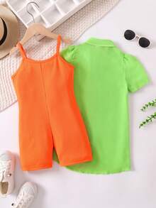 SHEIN Toddler Girls Solid Shirt & Cami Romper