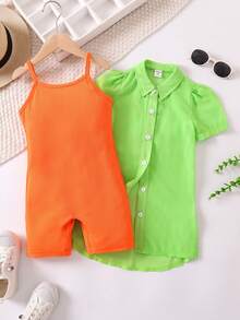 SHEIN Toddler Girls Solid Shirt & Cami Romper