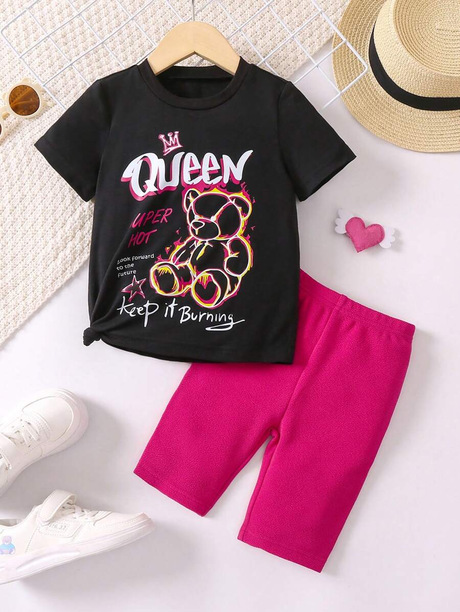 SHEIN Cô gái trẻ hoạt hình Slogan In Bộ đồ thoải mái thông thường có cổ tròn và tay áo ngắn, 2 cái/bộ cho mùa hè - Nhiều màu - Xem 1