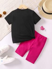 SHEIN Cô gái trẻ hoạt hình Slogan In Bộ đồ thoải mái thông thường có cổ tròn và tay áo ngắn, 2 cái/bộ cho mùa hè - Nhiều màu - Xem 2