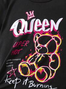 SHEIN Cô gái trẻ hoạt hình Slogan In Bộ đồ thoải mái thông thường có cổ tròn và tay áo ngắn, 2 cái/bộ cho mùa hè - Nhiều màu - Xem 3