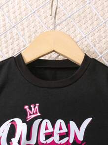 SHEIN Cô gái trẻ hoạt hình Slogan In Bộ đồ thoải mái thông thường có cổ tròn và tay áo ngắn, 2 cái/bộ cho mùa hè - Nhiều màu - Xem 4