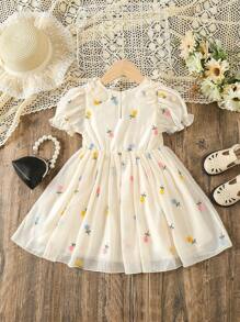 SHEIN 小女童印花泡泡袖洋裝