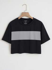 INAWLY Áo thun crop top họa tiết Colorblock dành cho nữ - màu đen - Xem 1