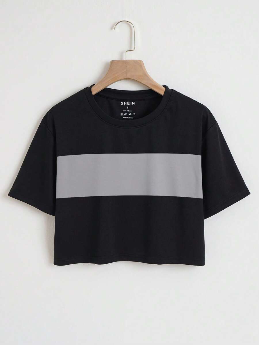 INAWLY Áo thun crop top họa tiết Colorblock dành cho nữ - màu đen - Xem 1