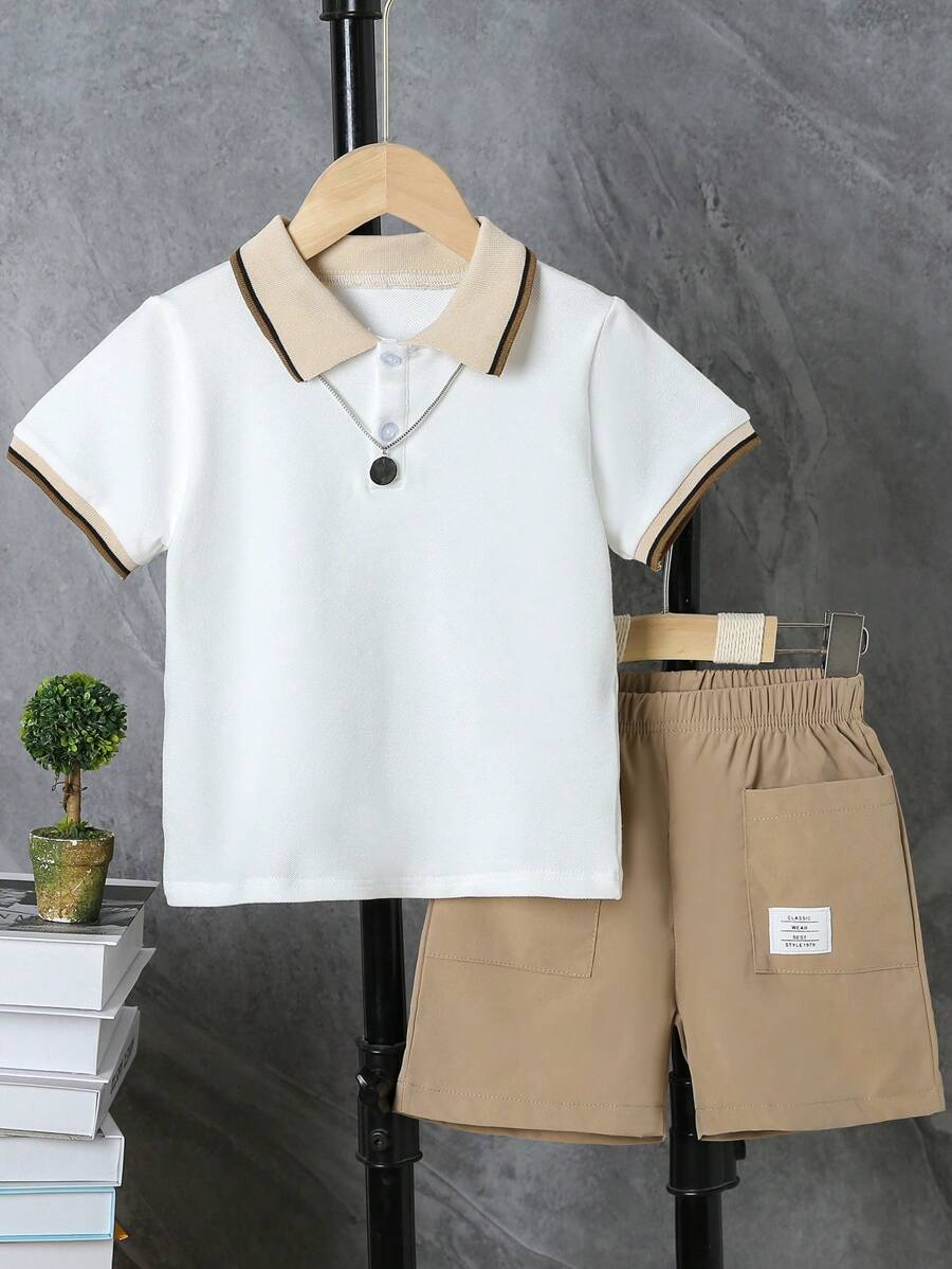 SHEIN Toddler Boys Contrast Trim Polo Shirt & Letter Patched Shorts Set