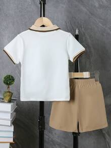 SHEIN Toddler Boys Contrast Trim Polo Shirt & Letter Patched Shorts Set