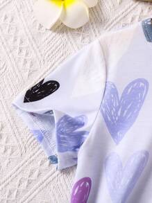 SHEIN 女童紫色爱心印花T恤，舒适透气，适合春秋夏季节穿着，4-7岁女童户外、上学、居家、旅行皆宜。 - 淡紫色 - 查看 4