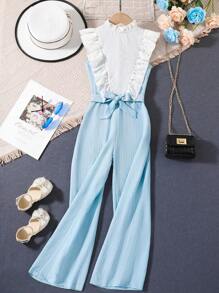 Girls Two Tone Ruffle Trim Belted Jumpsuit - Blue and White - View 1