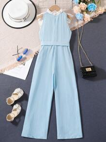 Girls Two Tone Ruffle Trim Belted Jumpsuit - Blue and White - View 2