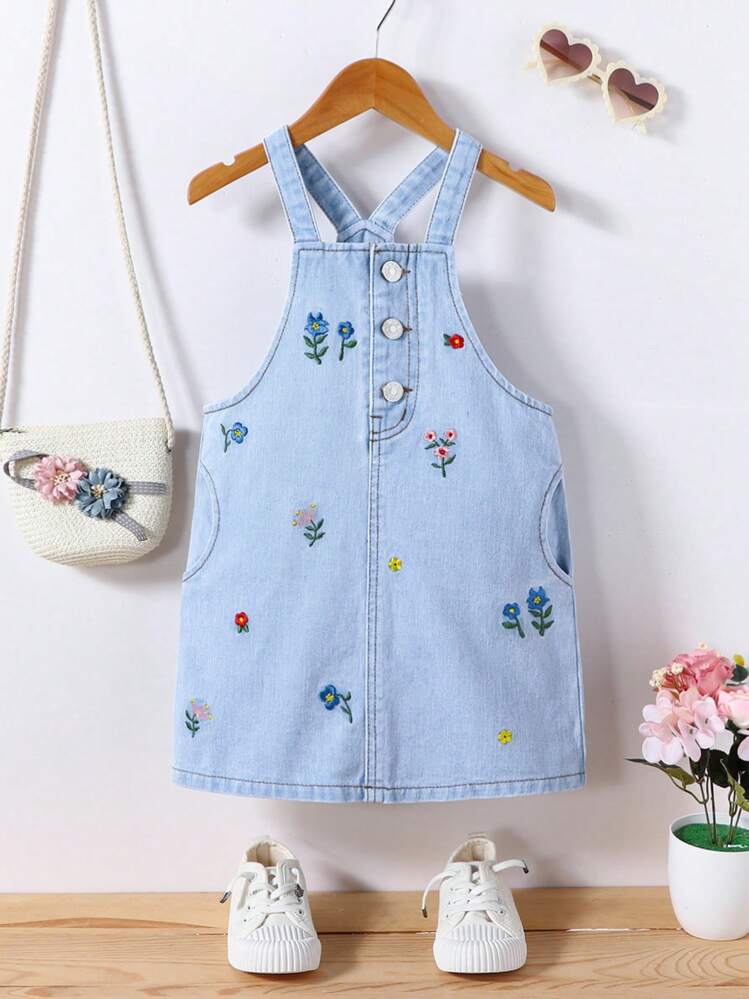 floral embroidered denim overall dress Denim Overall Dress w/ Bright Floral Ruffle Skirt — 18M