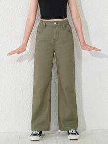SHEIN Quần jeans ống đứng cạp chun co giãn kiểu Y2K cho bé gái tuổi teen, có túi phẳng, thích hợp mặc hàng ngày. - xanh quân đội - Xem 1