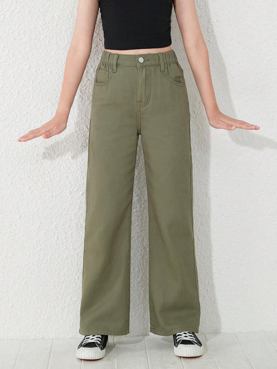 SHEIN Quần jeans ống đứng cạp chun co giãn kiểu Y2K cho bé gái tuổi teen, có túi phẳng, thích hợp mặc hàng ngày. - xanh quân đội - Xem 1