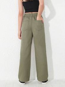 SHEIN Quần jeans ống đứng cạp chun co giãn kiểu Y2K cho bé gái tuổi teen, có túi phẳng, thích hợp mặc hàng ngày. - xanh quân đội - Xem 2