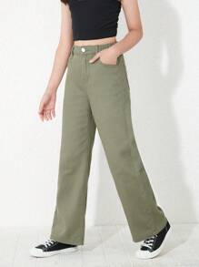 SHEIN Quần jeans ống đứng cạp chun co giãn kiểu Y2K cho bé gái tuổi teen, có túi phẳng, thích hợp mặc hàng ngày. - xanh quân đội - Xem 3