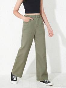 SHEIN Quần jeans ống đứng cạp chun co giãn kiểu Y2K cho bé gái tuổi teen, có túi phẳng, thích hợp mặc hàng ngày. - xanh quân đội - Xem 4