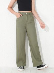 SHEIN Quần jeans ống đứng cạp chun co giãn kiểu Y2K cho bé gái tuổi teen, có túi phẳng, thích hợp mặc hàng ngày. - xanh quân đội - Xem 5