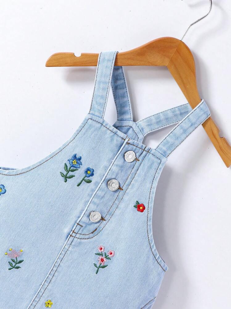 Toddler Girls Floral Embroidery Overall Denim Dress | SHEIN USA