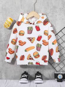 SHEIN 男童休闲卫衣，宽松版型，透气舒适，印有汉堡小吃图案，街头风 - 白色 - 查看 1
