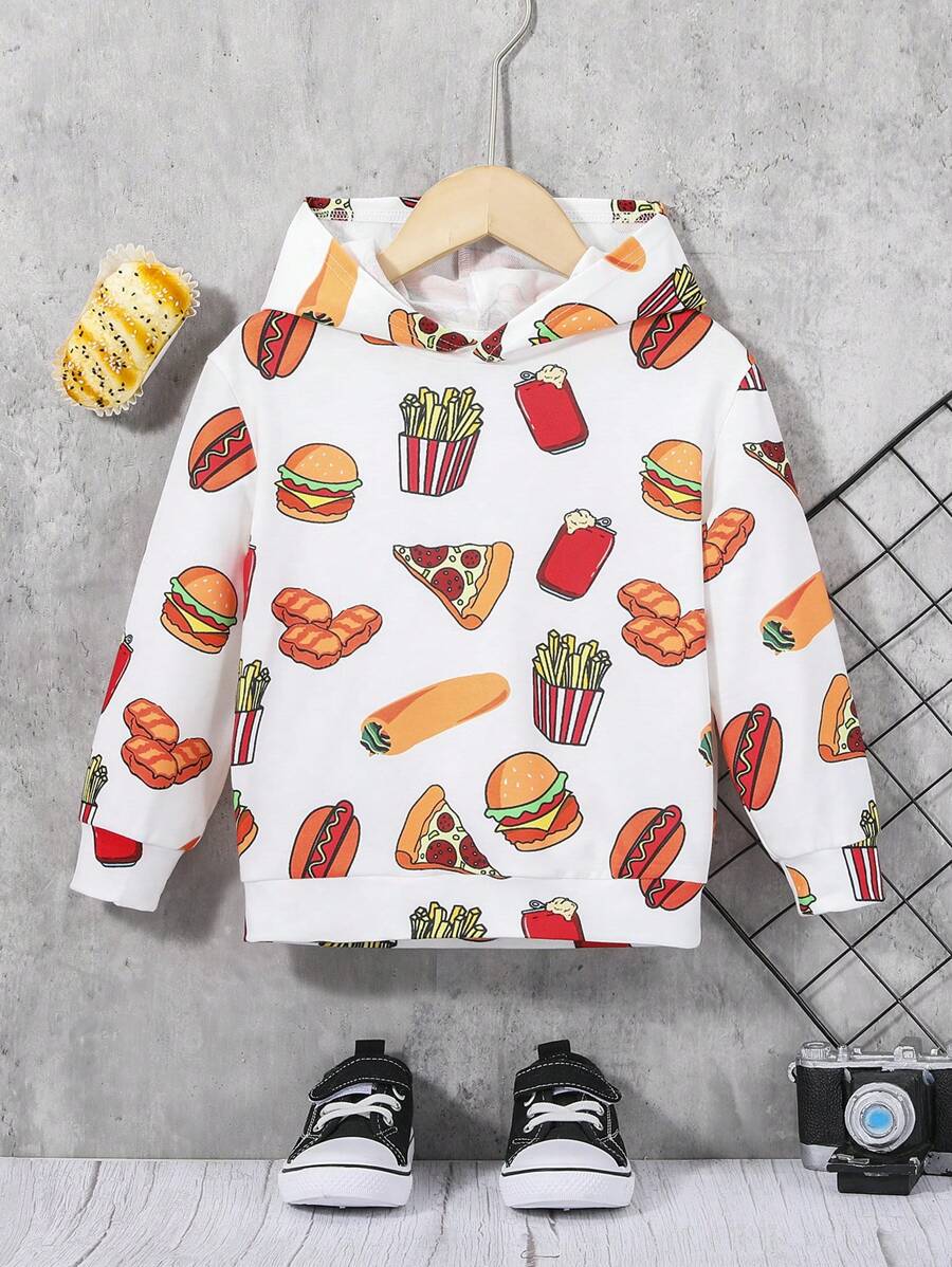 SHEIN 男童休闲卫衣，宽松版型，透气舒适，印有汉堡小吃图案，街头风 - 白色 - 查看 1