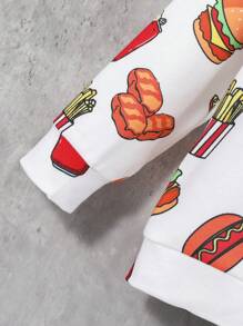 SHEIN 男童休闲卫衣，宽松版型，透气舒适，印有汉堡小吃图案，街头风 - 白色 - 查看 3