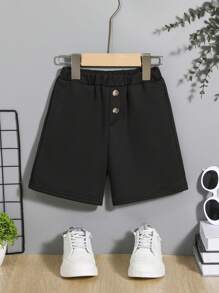 SHEIN 年輕休閒寬鬆素色前和中間紐扣針織短褲 - 黑色 - 查看 1