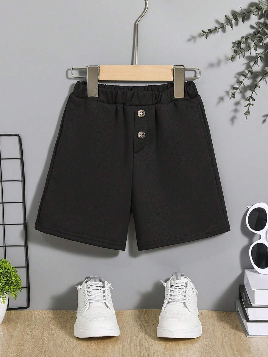 SHEIN 年輕休閒寬鬆素色前和中間紐扣針織短褲 - 黑色 - 查看 1