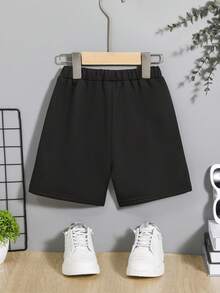 SHEIN 年輕休閒寬鬆素色前和中間紐扣針織短褲 - 黑色 - 查看 2