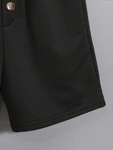 SHEIN 年輕休閒寬鬆素色前和中間紐扣針織短褲 - 黑色 - 查看 3