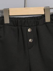 SHEIN 年輕休閒寬鬆素色前和中間紐扣針織短褲 - 黑色 - 查看 4