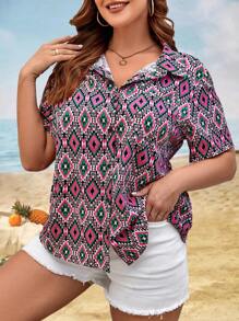 SHEIN LUNE Plus Geo Print Button Front Shirt - Multicolor - View 1