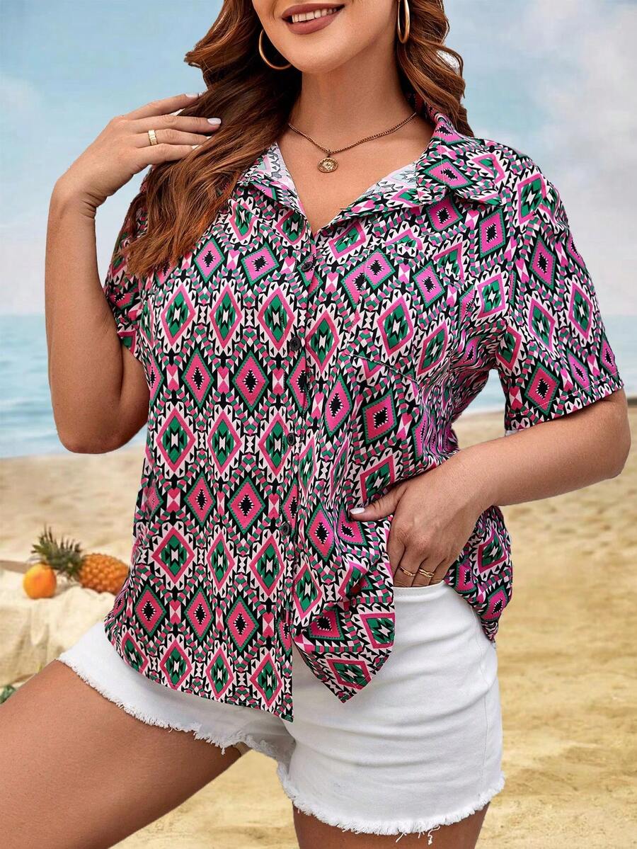 SHEIN LUNE Plus Geo Print Button Front Shirt - Multicolor - View 1