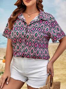 SHEIN LUNE Plus Geo Print Button Front Shirt - Multicolor - View 3