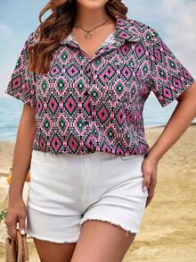 SHEIN LUNE Plus Geo Print Button Front Shirt - Multicolor - View 6
