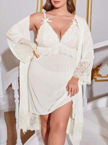 Plus Contrast Lace Bow Front Mesh Robe & Cami Dress PJ Set / Pajama Set
