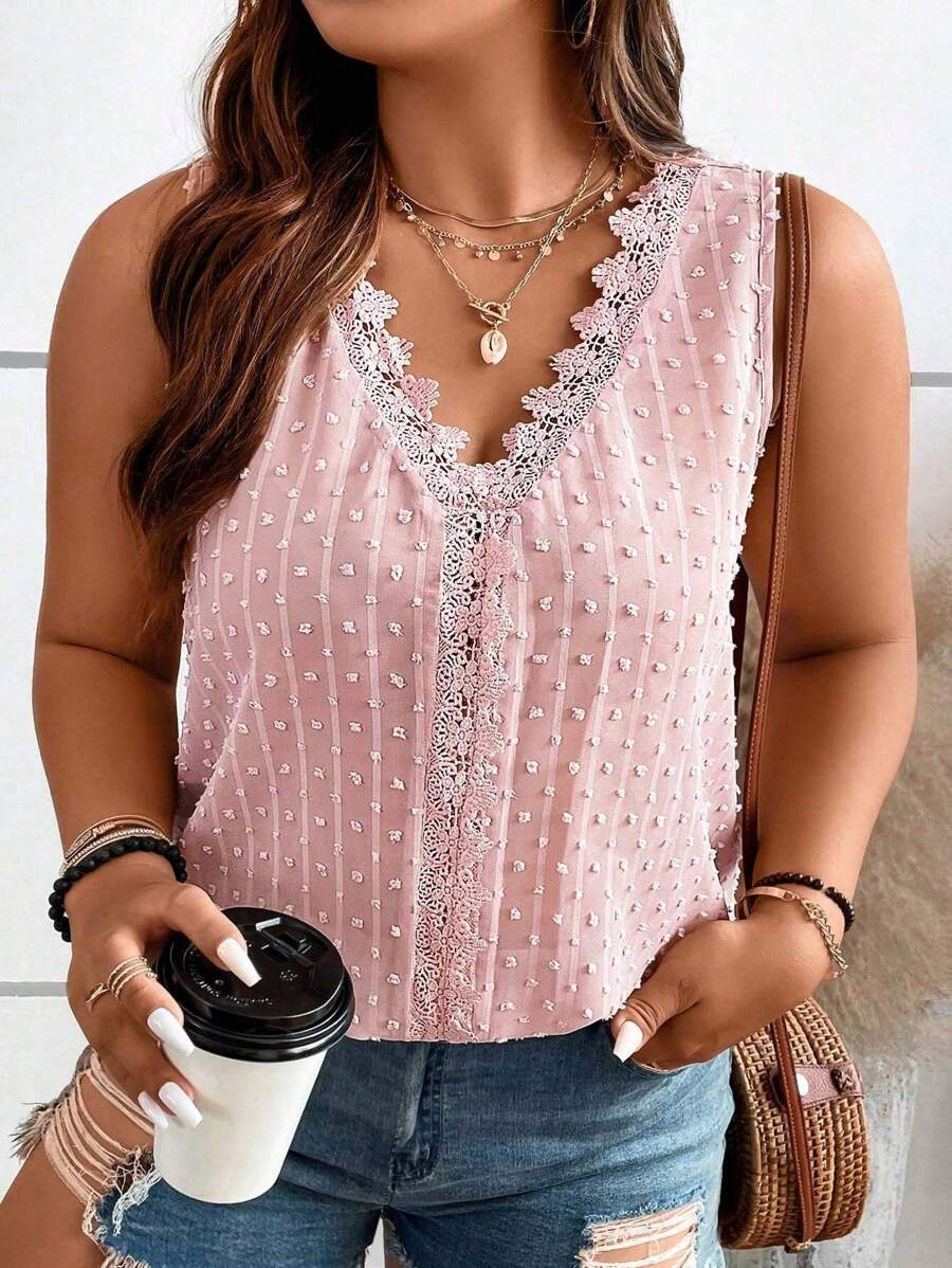 SHEIN Clasi 大碼圓點拼接水溶蕾絲無袖襯衫 - 藕粉色 - 查看 1