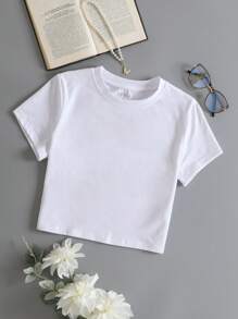 INAWLY Solid Round Neck Tee - White - View 1