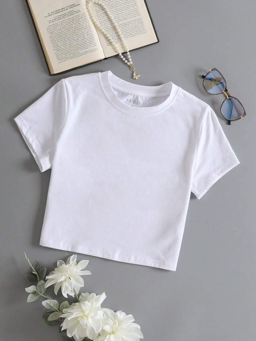 INAWLY Solid Round Neck Tee - White - View 1