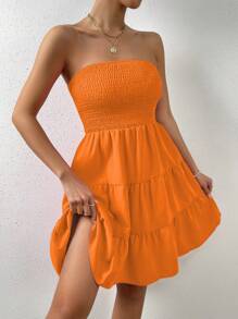 SHEIN VCAY 素色荷葉邊抹胸連衣裙 - 橘色 - 查看 1