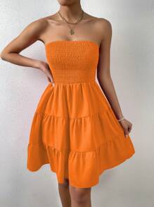 SHEIN VCAY 素色荷葉邊抹胸連衣裙 - 橘色 - 查看 3