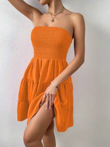 SHEIN VCAY 素色荷葉邊抹胸連衣裙 - 橘色 - 查看 6